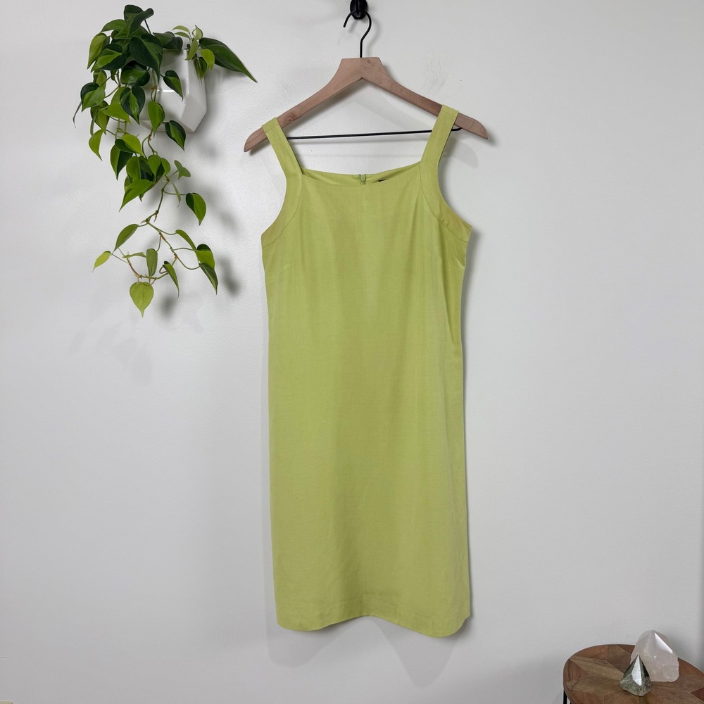 Y2K Moda Seta Silk Linen Minimalist Shift Dress Chartreuse Square Neck 8